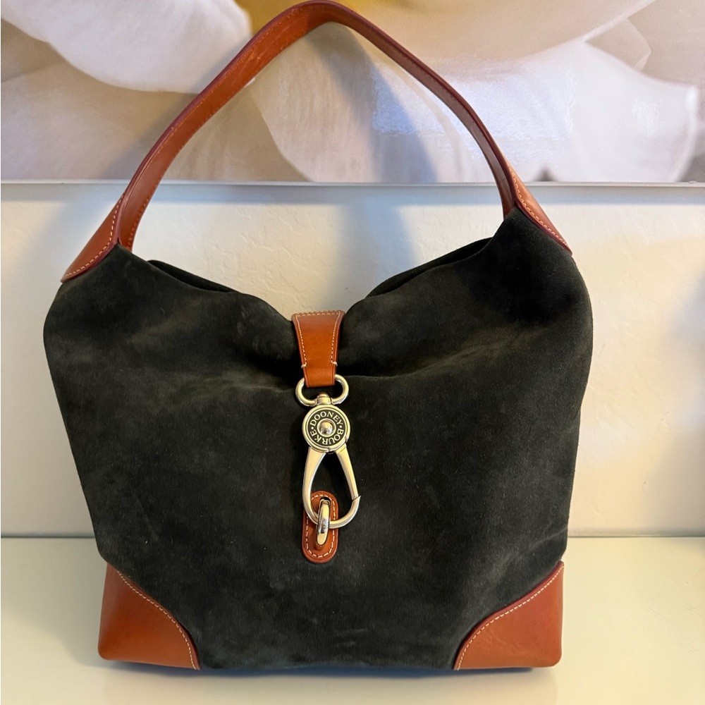 Large Dooney & Bourke Shoulder Bag - Black Suede, Leather accents, Red Interior - Picture 3 of 16